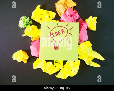 Lightbulb Idea Note Amidst Discarded Paper - Bright sticky note with a hand-drawn lightbulb and 'IDEA' text, surrounded by colorful crumpled paper on Stock Photo