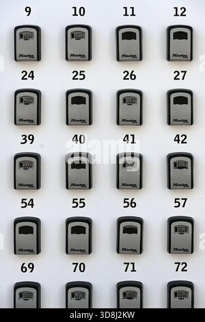 Lines or Rows of Numbered Key Boxes, Lock Boxes or Security Boxes Stock Photo