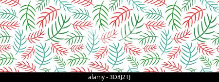 Green and red minimal Christmas vector seamless pattern with pine needle branches on white background for wrapping paper and banners Stock Vector