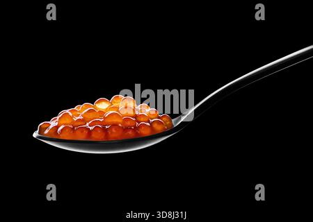 Black Spoon With Orange Roe Caviar On Black Background, Gourmet Seafood Appetizer, Elegant Presentation Stock Photo