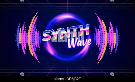Retro futuristic background. Synthwave 3d 80s style, neon color. Shining neon circle, laser grid, audio signal waveform, wireframe floor, mesh plane. Stock Vector