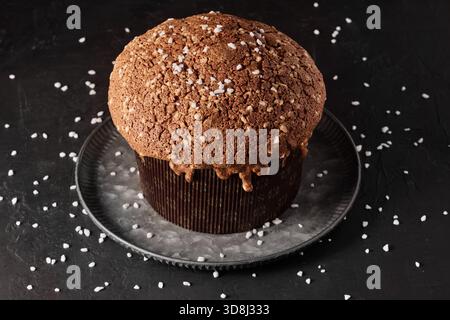 Christmas Italian cake panettone, soft traditional sweet bread with nuts, raisins and chocolate in a rustic plate with sugar decoration food photograp Stock Photo