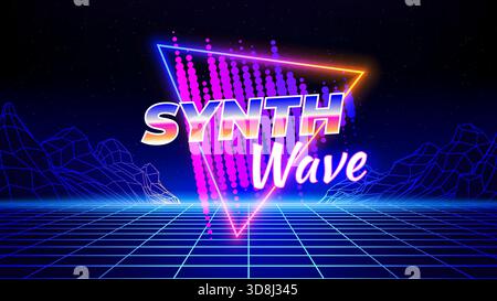 Synthwave retro background with grid mountain and neon pink sunset ...