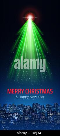 Merry christmas, happy new year greeting card. Bright star, rays like christmas tree over city on night sky background. Christmas and New Year banner Stock Vector
