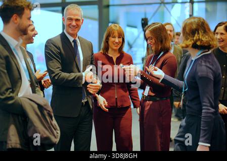 Chancellor of the Exchequer Rachel Reeves (centre) stands with Business Secretary Peter Kyle (third left) and katie Martin Business Advisor to the Chancellor (2nd right) at the Wales Investment Summit at the International Convention Centre Wales in Newport. Picture date: Monday December 1, 2025. Stock Photo