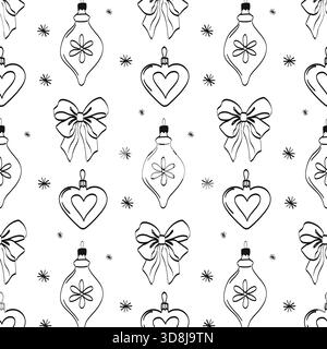 A playful design showcases various holiday ornaments and bows, perfect for seasonal decoration. The black and white pattern highlights festive element Stock Vector