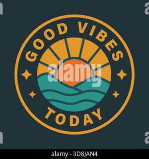 Retro good-vibes badge with a warm sun setting over stylized ocean waves against a dark background. Stock Vector