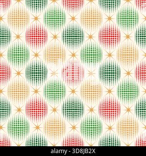 Holiday baubles seamless pattern. Christmas icon ornament. Halftone balls and stars noel festive decor Stock Vector