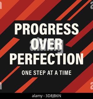 A bold typographic poster with diagonal red and black stripes and the motto Progress Over Perfection one step at a time. Stock Vector