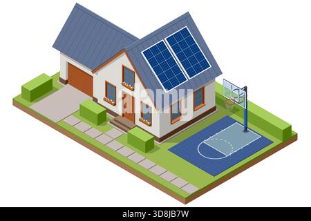 Isometric illustration of a modern house with solar panels on the roof and a private outdoor basketball court. Eco home, clean energy, and active Stock Vector