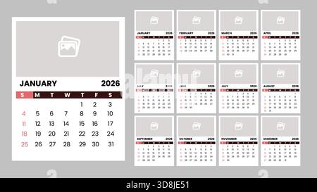 Customizable 2026 Photo Calendar Template with Monthly View Stock Vector