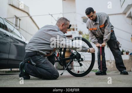 Two mechanics repair a bicycle wheel outdoors, using tools and a pump near a parked car Stock Photo