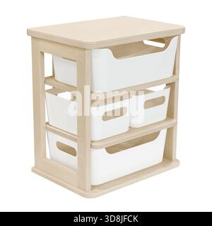 Small wooden shelving unit with pull-out plastic drawers, isolated on white background Stock Photo