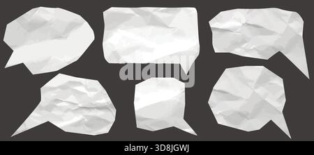 Set of cut out shapes made from crumpled paper. Speech bubbles with halftone effect. Textured, sloppy templates, vector elements Stock Vector