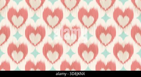 Ikat cute seamless pattern with pink hearts. Abstract lovely vector design print for textile. Rug woven textured ornament on light background. Stock Vector