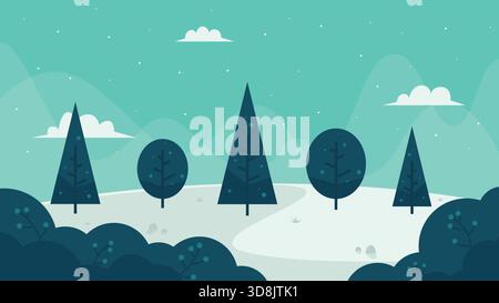 Minimalist winter forest landscape flat illustration featuring trees and snowflakes against clear sky with soft clouds perfect for seasonal background. Stock Vector