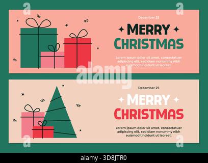 Christmas banner set illustration template with minimalist wrapped gift boxes and pine tree on green background suitable for seasonal promotions. Stock Vector