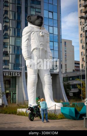 Monkey Riga Riga, Latvia. Monkey statue in a spacesuit in Kronvalda park. Statue is ...