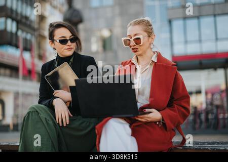 Two professionals collaborate outdoors in the city with laptop and tablet on a bench Stock Photo