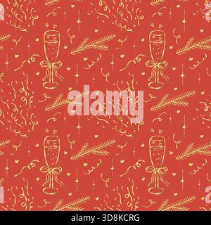 Coquette core New Year seamless festive golden gradient pattern confetti and hearts. Hand drawn line doodle champagne glass and ribbon bow on red back Stock Vector
