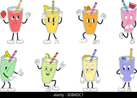 Retro milkshake characters. Groovy milkshake in glass different taste. Children non alcoholic cocktail with milk and fruits, strawberry banana Stock Vector