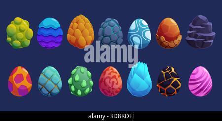 Cartoon magic eggs. Fantasy creatures egg with decorative vibrant shell. Dragons, dinosaurs, monsters or aliens elements. Fairy tale sapid vector Stock Vector
