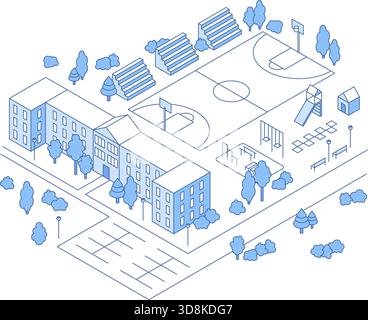 Isometric school concept. College, university building with sport court. Kindergarten playground, benches and park elements. Schoolyard nifty vector Stock Vector