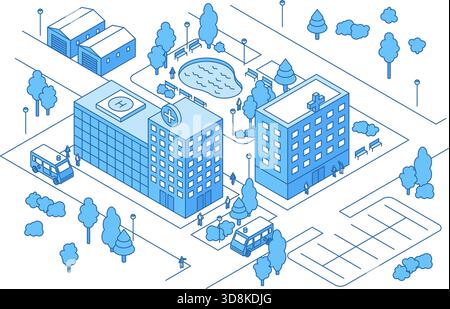 Isometric hospital. District with clinic, ambulance cars, emergency department. City park with walking people, pond and plants. City architecture Stock Vector