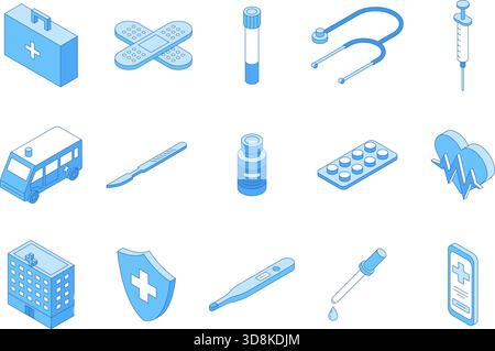 Isometric line medical icons. Isolated hospital building, ambulance car, pills and first aid kit. Medicine outline elements, surgery, telemedicine Stock Vector