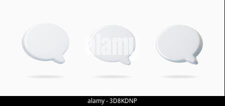 White 3D speech bubble icons with clean rounded shapes. Minimal chat balloons for messages, comments, notifications and UI design. Soft isolated Stock Vector