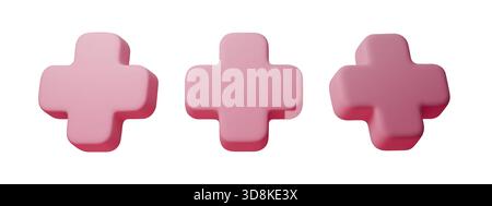 Soft pink 3D plus icons with smooth matte shapes. Minimal symbols for UI, stickers, buttons, health and design elements. Clean isolated render with Stock Vector