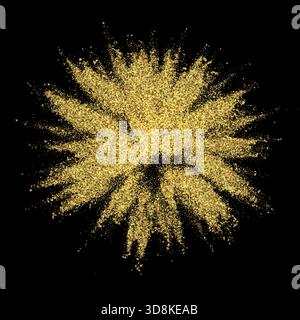 Glowing golden powder explosion captured mid-burst, spreading outward against black background. Stock Vector
