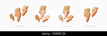 3D yellow lightning bolt icon set with smooth matte surfaces. Minimal electric symbols for energy, fast action, tech visuals and dynamic graphic Stock Vector