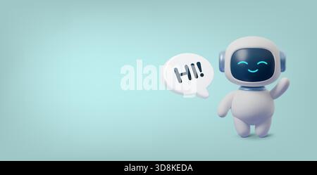 Cute 3D robot waving with speech bubble saying Hi. Friendly AI chatbot character on clean background. Modern digital assistant illustration for tech Stock Vector