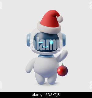 Cute 3D AI robot in Santa hat holding Christmas ornament. Festive holiday character for winter designs, tech greetings, New Year cards and digital Stock Vector