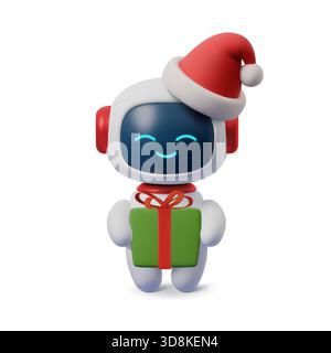 Cute 3D AI robot in Santa hat holding Christmas gift. Festive winter character for holiday designs, New Year cards, tech greetings, and digital Stock Vector