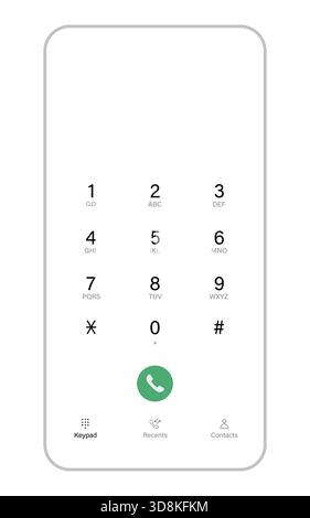 Clean mobile phone dial screen showing numeric keypad and green call button in a minimal layout Stock Vector