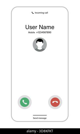 White smartphone interface showing incoming call, caller name, avatar, and accept or decline options. Stock Vector