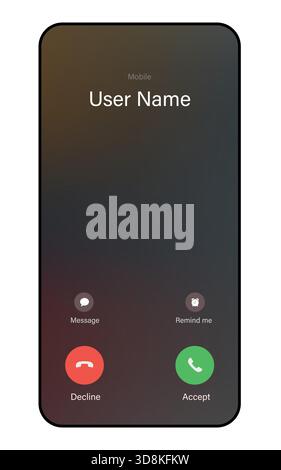 Mobile phone incoming call UI showing caller name, message, remind me, and call action buttons. Stock Vector