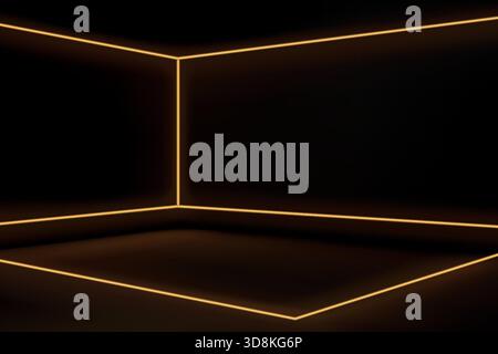 Minimalist corner room with glowing orange LED lines on black walls and floor. Stock Vector