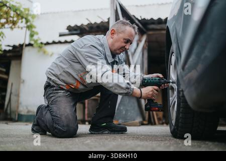 Mechanic kneeling beside a car, using a power drill to install or remove a wheel in a workshop Stock Photo