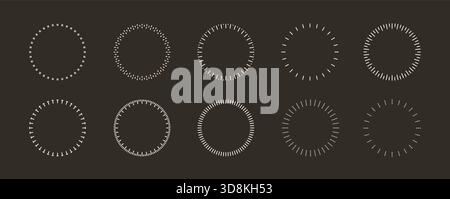 Round analog dashed lines timer icon. Dotted watch, speed frame, meter scale line vector template on dark background. Stock Vector