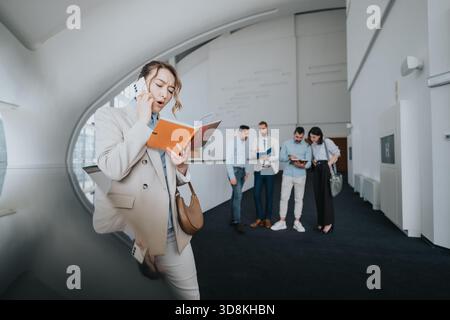 Business colleagues in a modern office hallway; woman on phone reading a notebook while others gather Stock Photo