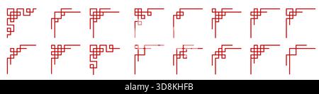 Chinese corner set on isolated background with editable stroke, Chinese frame collection, red Asian border, knot vector pattern, geometric Chinese New Stock Vector