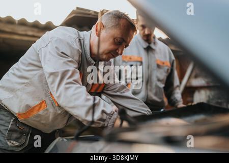 Two automotive technicians inspect a car engine in a busy workshop Stock Photo