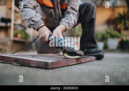 Worker using angle grinder on metal sheet in outdoor workshop with sparks flying Stock Photo