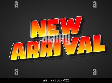Bold text graphic featuring the words New Arrival in a gradient of yellow to red on a dark background. Stock Vector