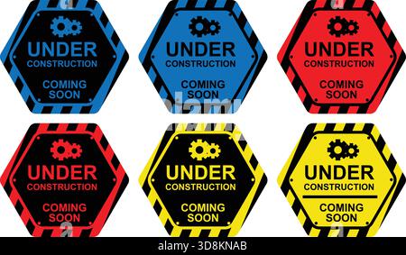 Under Construction Coming Soon Warning Signs with Gear Icons Stock Vector