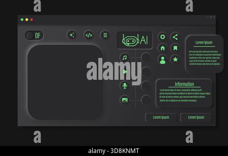 Minimalist dark mode AI dashboard design with glowing interface elements, futuristic control buttons, and modern technology layout. Perfect for digital design and innovation projects. Dark mode AI interface. Futuristic neon dashboard. Cyber technology UI. Artificial intelligence panel. Modern digital control system. Stock Vector