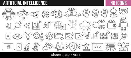 Collection of artificial intelligence line icons including robots, neural networks, AI text, cloud computing, coding, and machine learning elements. Stock Vector